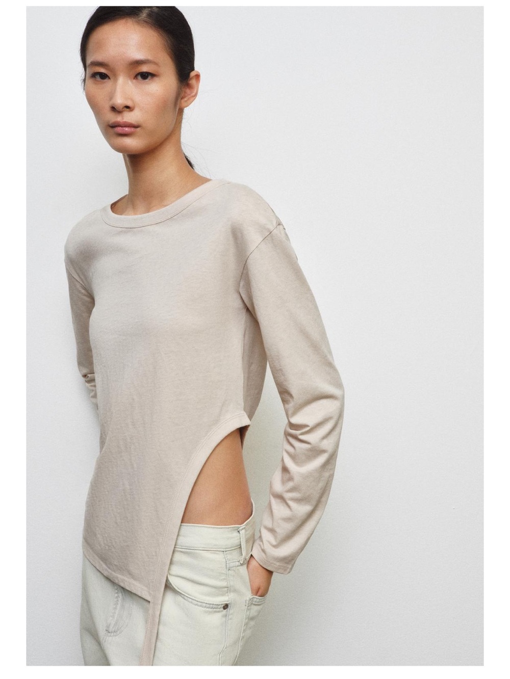 Zara Cream Side-Slit Long Sleeve Top